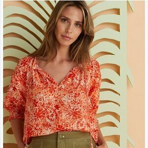 Maria Oliver Top Womens size XS Lara coral wax tassels cotton boho Blouse Floral